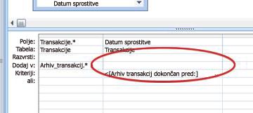 Vrstica »Dodaj v« v mreži načrta poizvedbe