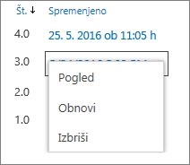 Možnosti zgodovine različic (ogled, obnovitev, brisanje)