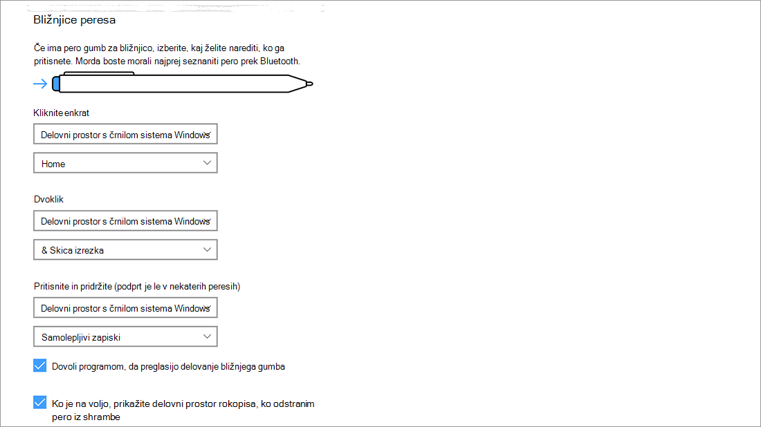 Za dostop do nastavitev bližnjic za pero odprite začetni meni > Nastavitve > Naprave > Pero in Windows Ink.