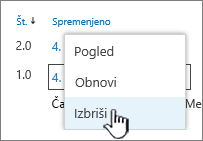 Različica spustnega menija z označeno možnostjo »Izbriši«