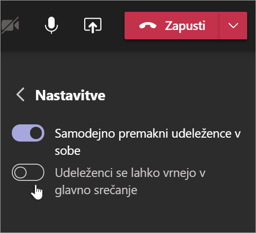 Nastavitve sob za ločene sestanke v aplikaciji Teams