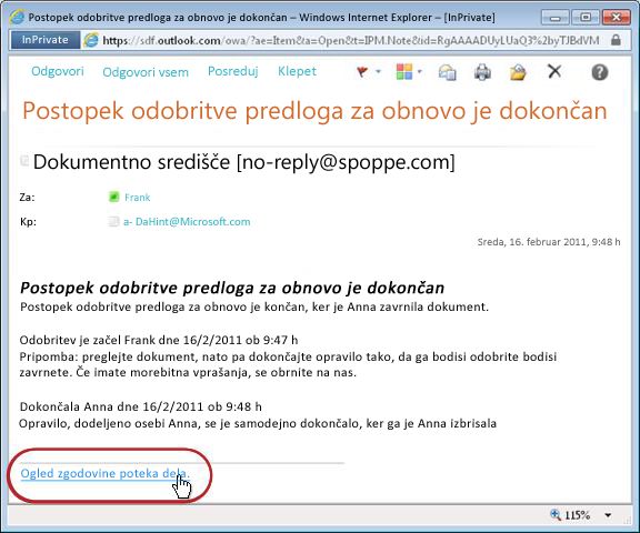 Obvestilo o dokončanju poteka dela z označeno povezavo do zgodovine