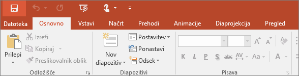 Pokaže zavihek »Osnovno« na traku v PowerPointu.