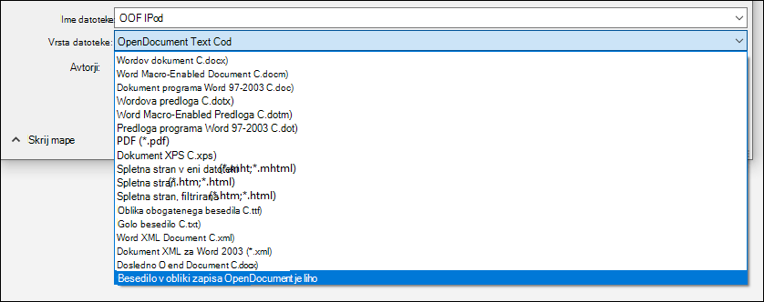 Seznam oblik zapisa datotek iz Worda z označeno obliko zapisa datoteke ODT