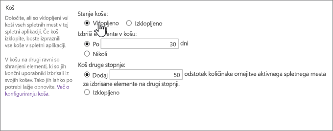 odsek z nastavitvami koša na strani s splošnimi nastavitvami za spletno aplikacijo