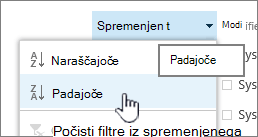 The drop down sorting menu on a column header