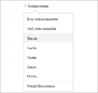 Kliknite »Dodaj stolpec« in izberite možnost na seznamu
