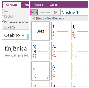 Posnetek zaslona postopka dodajanja številk na stran v programu OneNote 2016.