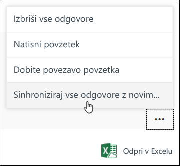 Možnost »Sinhroniziraj vse odgovore z novim delovnim zvezkom« v storitvi Microsoft Forms