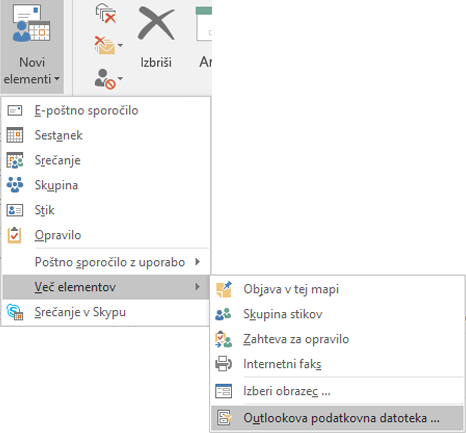 Ustvarjanje nove Outlookove podatkovne datoteke