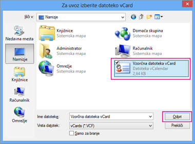 Izberite datoteko »vCard«, ki jo želite uvoziti v .csv.