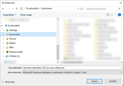 Ko prenesete vzorčno datoteko .csv, jo shranite v računalnik kot vrsto .csv.