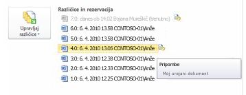 Pogled »Backstage« z zgodovino različic Datoteke Microsoft Word različic. Izbrana je različica 4.