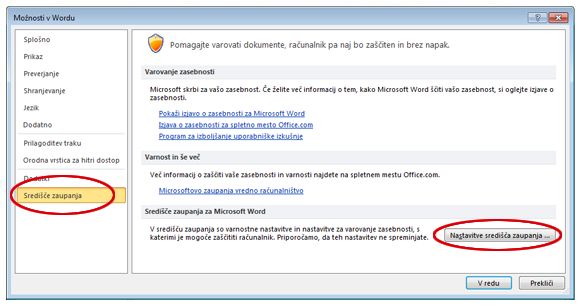 Wordove možnosti s prikazanimi nastavitvami središča zaupanja