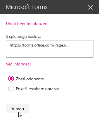 Ko je ustvarjen nov obrazec, je na plošči spletnega gradnika Microsoft Forms prikazan spletni naslov obrazca.