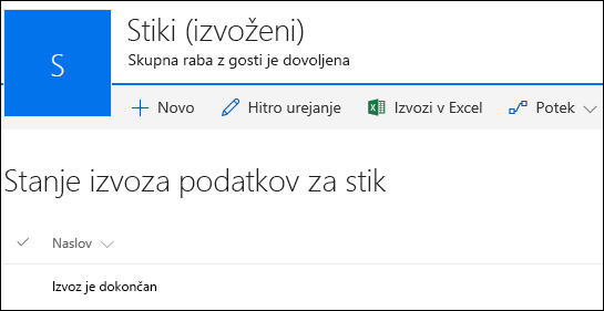 SharePointov seznam z zapisom z naslovom »Izvoz je dokončan«