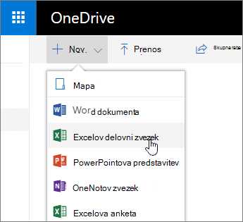 Nov meni» OneDrive «, ukaz» Excelov delovni zvezek «