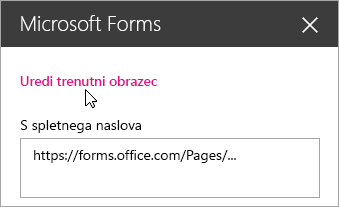 Urejanje trenutnega obrazca na plošči spletnega gradnika Microsoft Forms za obstoječi obrazec.