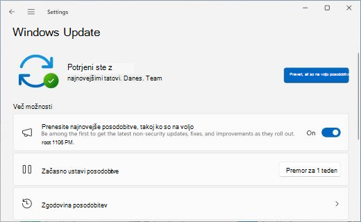 Prikazuje zaslon storitve Windows Update s stikalom, ki vam omogoča, da izberete, ali želite prejemati najnovejše posodobitve takoj, ko so te na voljo.