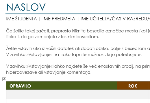 Nova Projectova predloga seznama opravil z velikostjo pisave najmanj 11 točk.