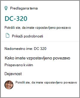 Potrditvena kartica, ki prikazuje, da ste povezani s temo