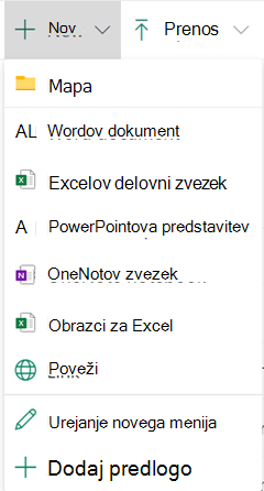 Če želite ustvariti novo datoteko v knjižnici dokumentov, odprite meni Novo in izberite vrsto datoteke, ki jo želite.