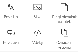 Posnetek zaslona menija spletnega gradnika v SharePointu.