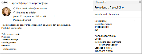 To sporočilo je bilo prevedeno iz angleščine v francoščino s storitvijo Outlook Translator Add-In