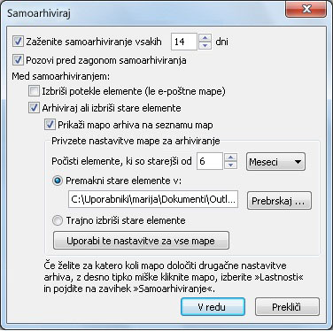 Pogovorno okno z nastavitvami samoarhiviranja