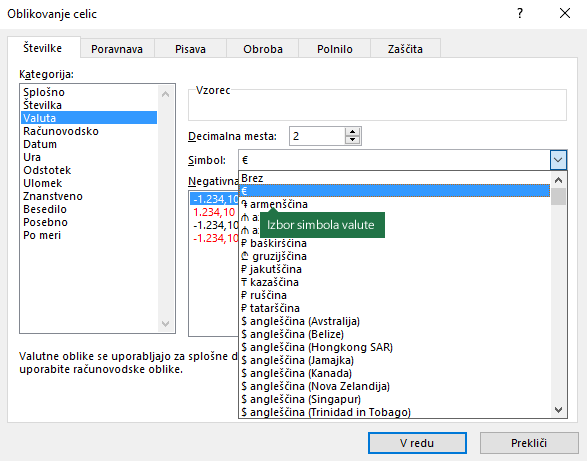 Izbor »Simbol valute« v pogovornem oknu »Oblikovanje celic«