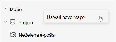 Posnetek zaslona izbrane možnosti »Ustvari novo mapo« v meniju »Več možnosti« v podoknu z mapami