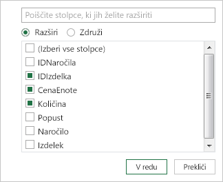 Izbiranje imen stolpcev