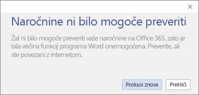 Posnetek zaslona s sporočilom o napaki »Naročnine ni bilo mogoče preveriti«