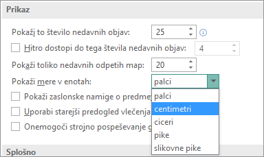 Napredne nastavitve zaslona, ki omogočajo spreminjanje enot mearsurement.