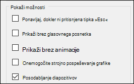 Skupina »Pokaži možnosti« v skupini »Nastavitev diaprojekcije« z omogočeno možnostjo »Posodabljajte diapozitive«.