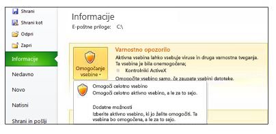 Območje »Varnostno opozorilo«, ko datoteki ni mogoče zaupati