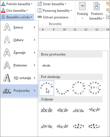 Izbiranje besedilnega učinka zavite pretvorbe