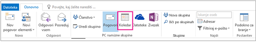 Gumb koledarja na traku skupin v Outlooku