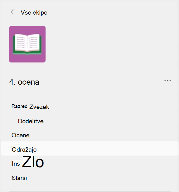 kazalec miške postavite na zavihek »Odsev«, ki se nahaja z nalogami, ocenami in vpogledi v ekipo za predavanje