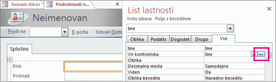 Gumb »Graditev« na listu z lastnostmi.