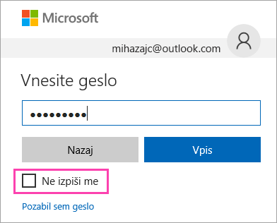 Posnetek zaslona potrditvenega polja »Ne izpiši me« na strani za vpis v Outlook.com