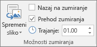 Prikazuje skupino »Možnosti zumiranja« na zavihku »Oblika« za zumiranje odseka ali diapozitiva v PowerPointu.