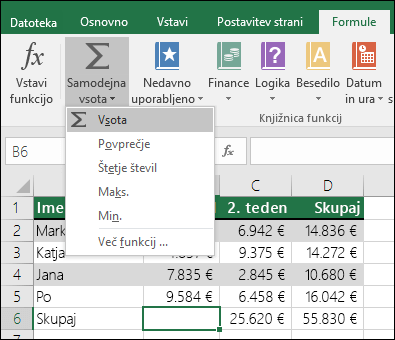 S čarovnikom za samodejno vsoto lahko samodejno ustvarite formulo SUM.  Izberite obseg nad/pod obsegom ali levo/desno od obsega, ki ga želite sešteti, in nato na zavihku »Formula« na traku izberite »Samodejna vsota« in »SUM«.