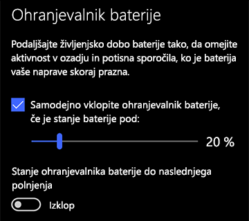 Slika nastavitev ohranjevalnika baterije