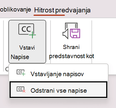 Odstranite vse podnapise za videoposnetek v PowerPointu.