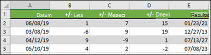 S funkcijo DATE lahko prištejete ali odštejete leta, mesece ali dneve v/od datuma.