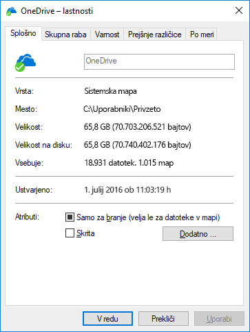 Lastnosti storitve OneDrive