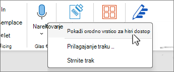 Pokaži izbrano orodno vrstico za hitri dostop v meniju