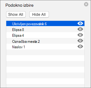 Prikaže podokno izbora v programu PowerPoint 2016 za Mac