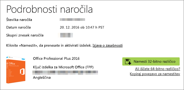 Pokaže gumb »Namesti« med podrobnostmi naročila iz programa Home Use Program